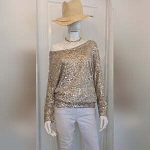 Impressions Champagne Gold Sequin Mesh Asymmetrical Top Medium Elevated Basic